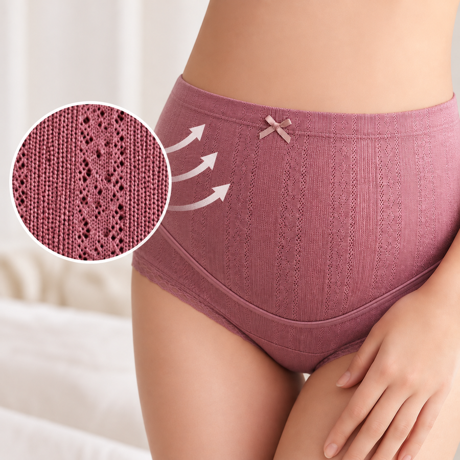Crop of the grey-blue belly panel showing the open perforated knit.