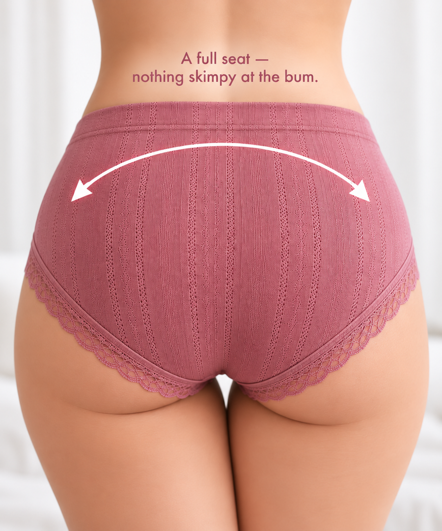 Flat photograph of the grey-blue brief showing the full-coverage shape.